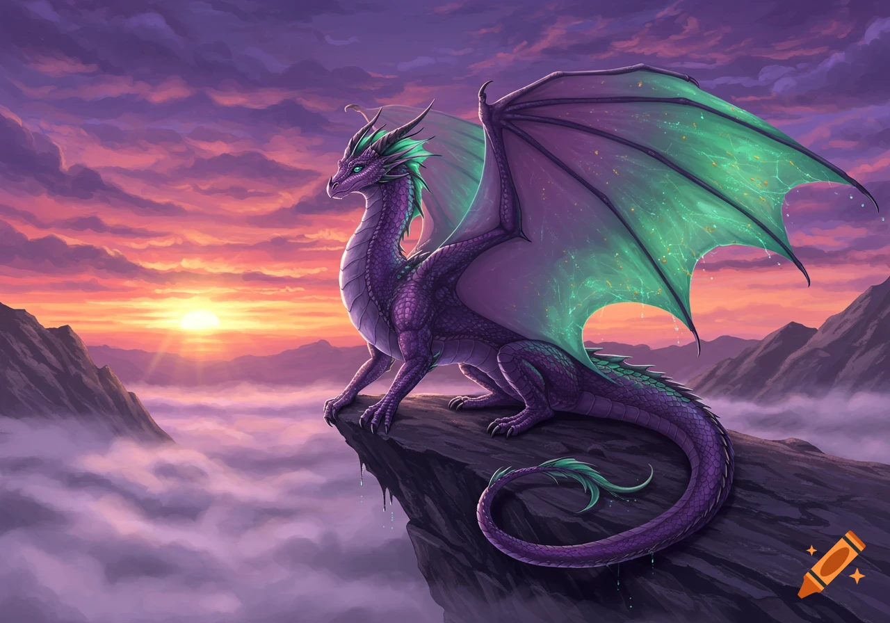 A majestic purple dragon with glowing green wings perches on a cliff, overlooking a vibrant sunset above a misty mountain valley.