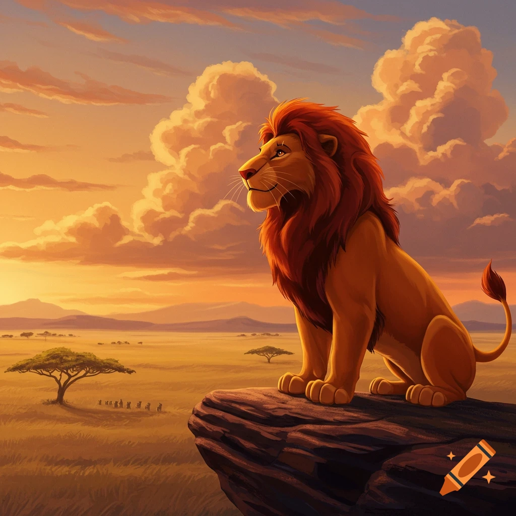 A majestic cartoon lion with a red-orange mane sits on a rock, gazing across a golden savanna landscape under a cloudy sunset sky.