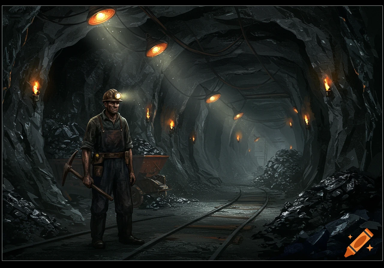 An illustrative painting of a lone miner with a pickaxe in a dark, atmospheric coal mine with tracks, lamps, and coal piles.