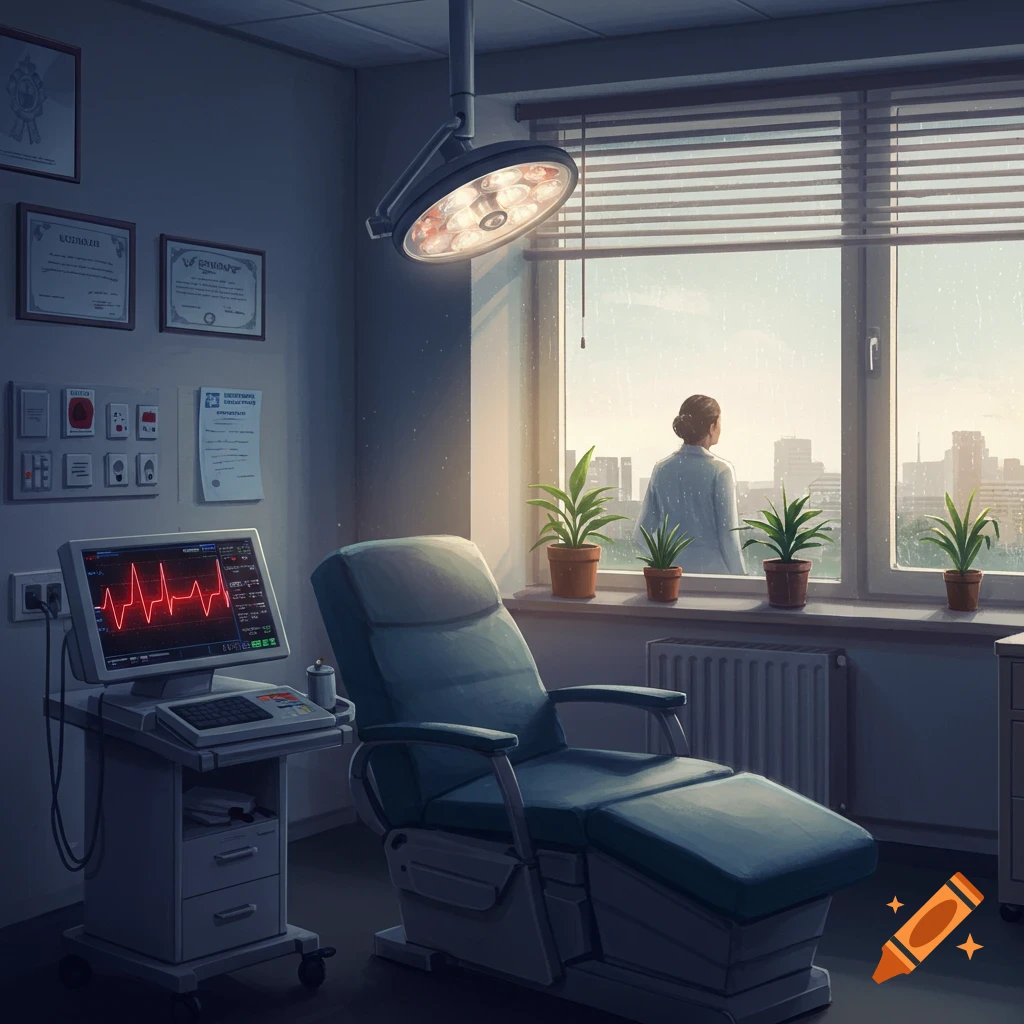 Stylized medical room with a reclining chair, heart monitor, and a person looking out a window at a city.