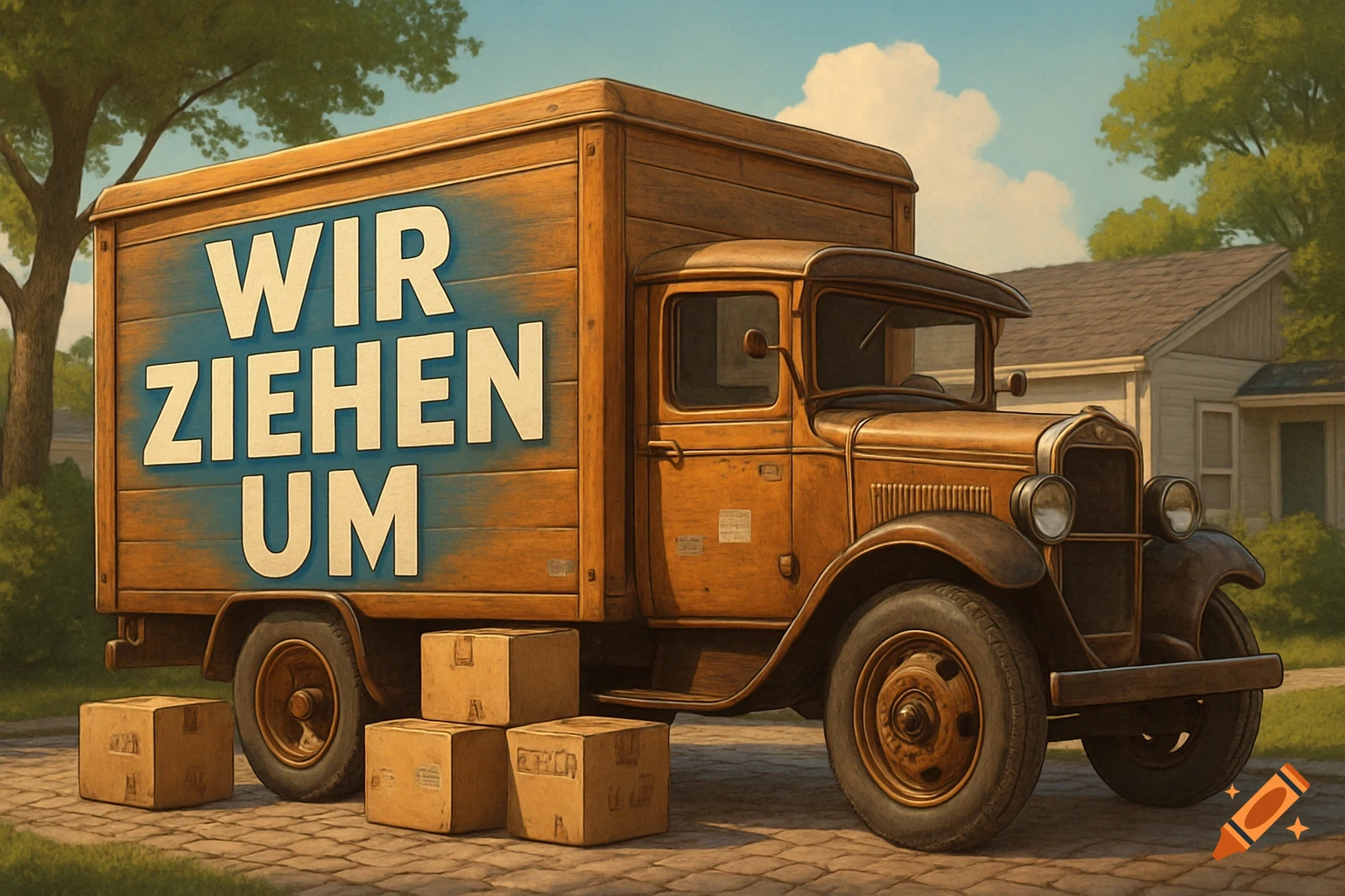 A vintage wooden moving truck with the German text "WIR ZIEHEN UM" (We are moving) on its side, parked on a cobblestone road with moving boxes around its wheels.
