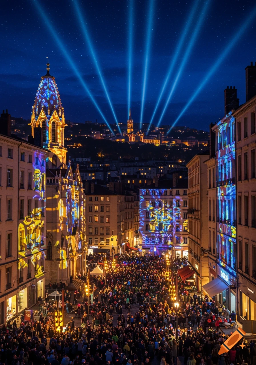 Vibrant night Fête des Lumières in Lyon. Buildings glow with colorful projections, blue light beams shine over a crowded city street.