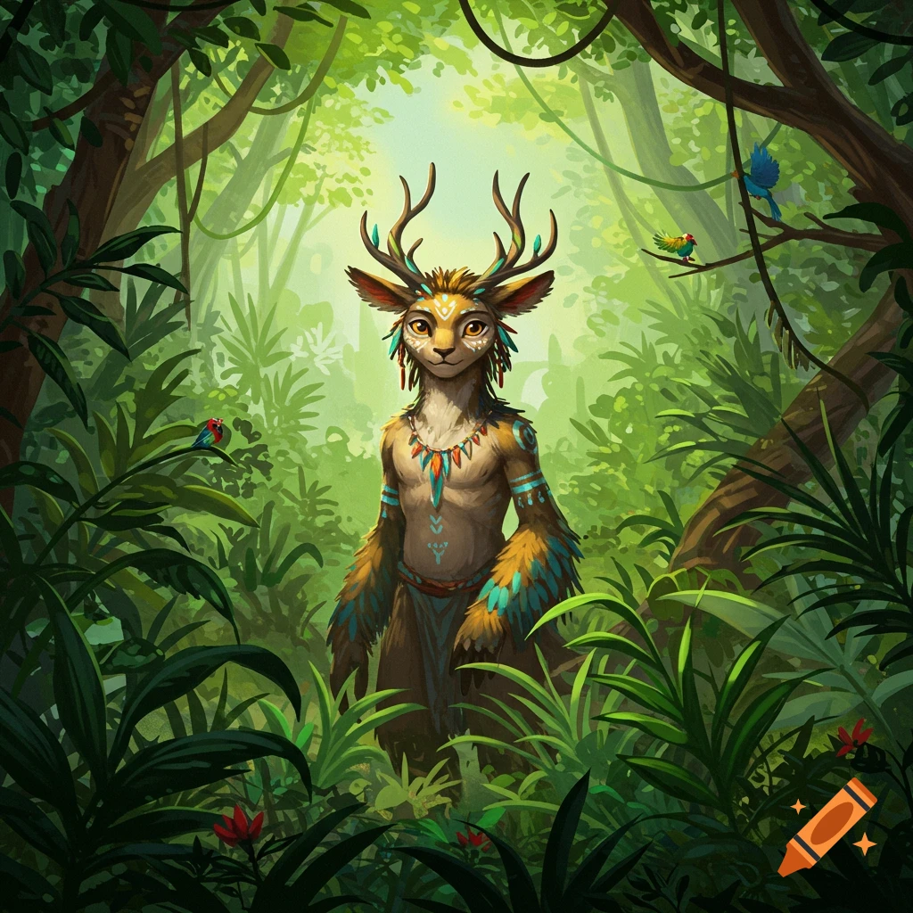A stylized anthropomorphic deer-like creature with tribal markings stands in a vibrant, lush jungle with small birds.