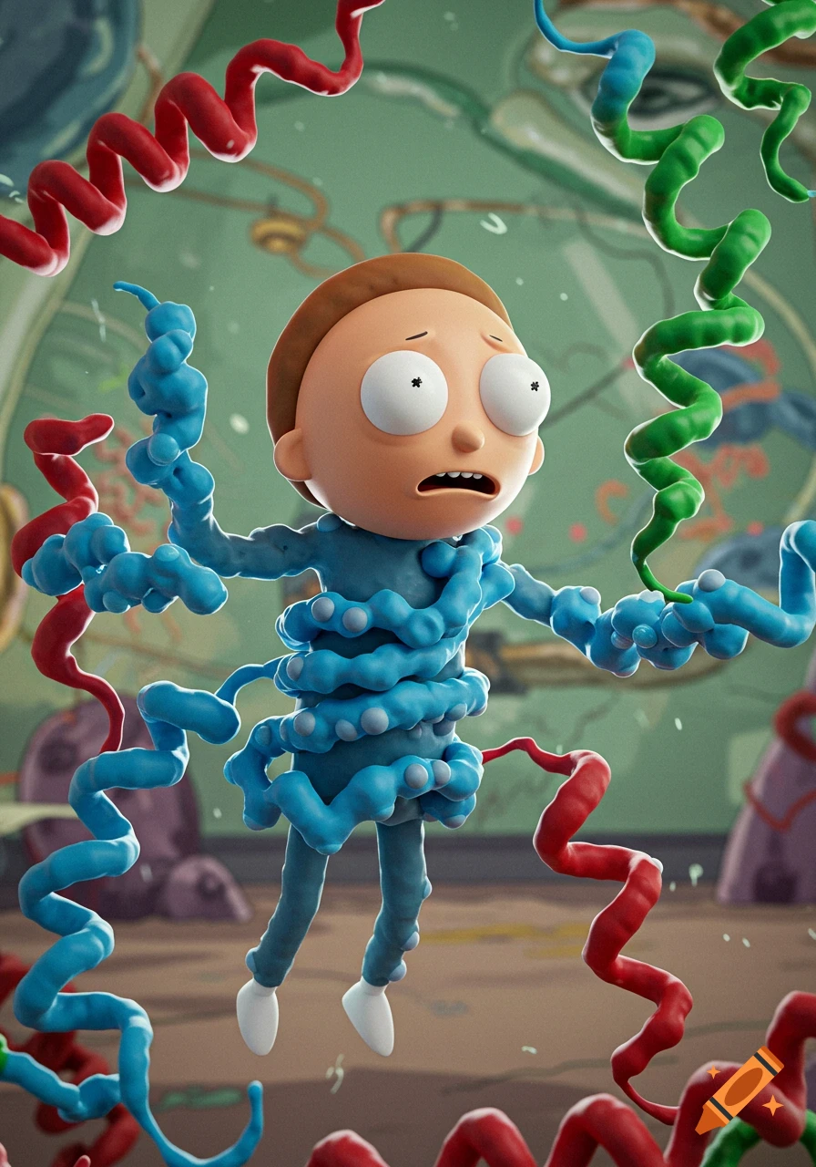 3D render of a wide-eyed Morty from Rick and Morty, entangled in blue, red, and green peptide-like coils.