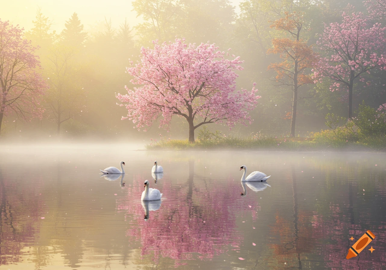Four white swans float on a misty lake surrounded by vibrant pink cherry blossom trees in a serene spring landscape.