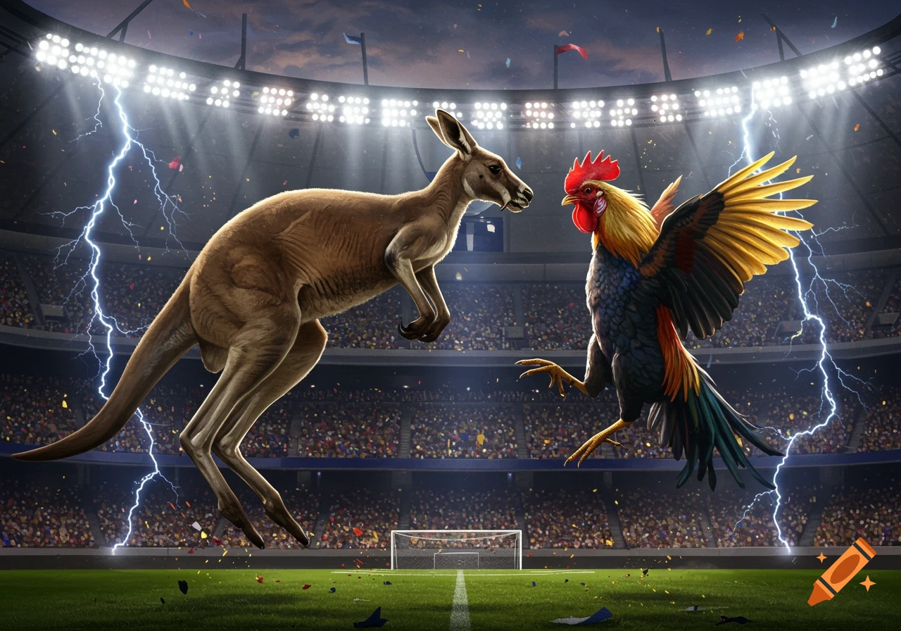 A dramatic photorealistic image of a kangaroo and a rooster battling in mid-air over a soccer field in a crowded stadium, with lightning.
