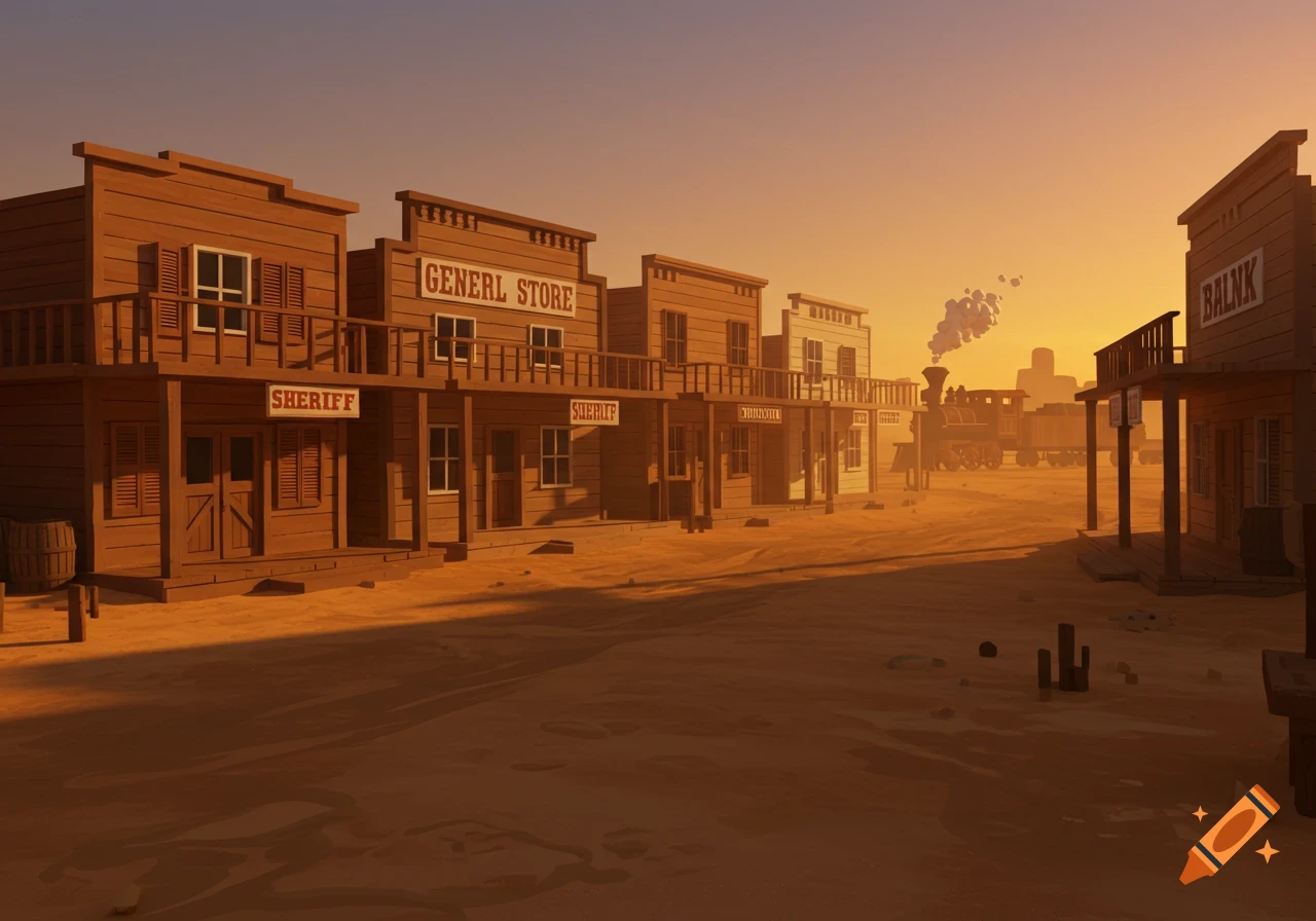 A cartoonish Wild West town at sunset with wooden buildings and a steam train in the distance.