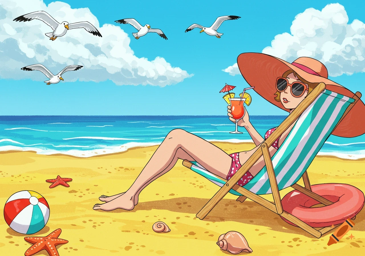 Cartoon woman in a wide hat and bikini relaxing on a beach chair with a cocktail, surrounded by beach items and seagulls.