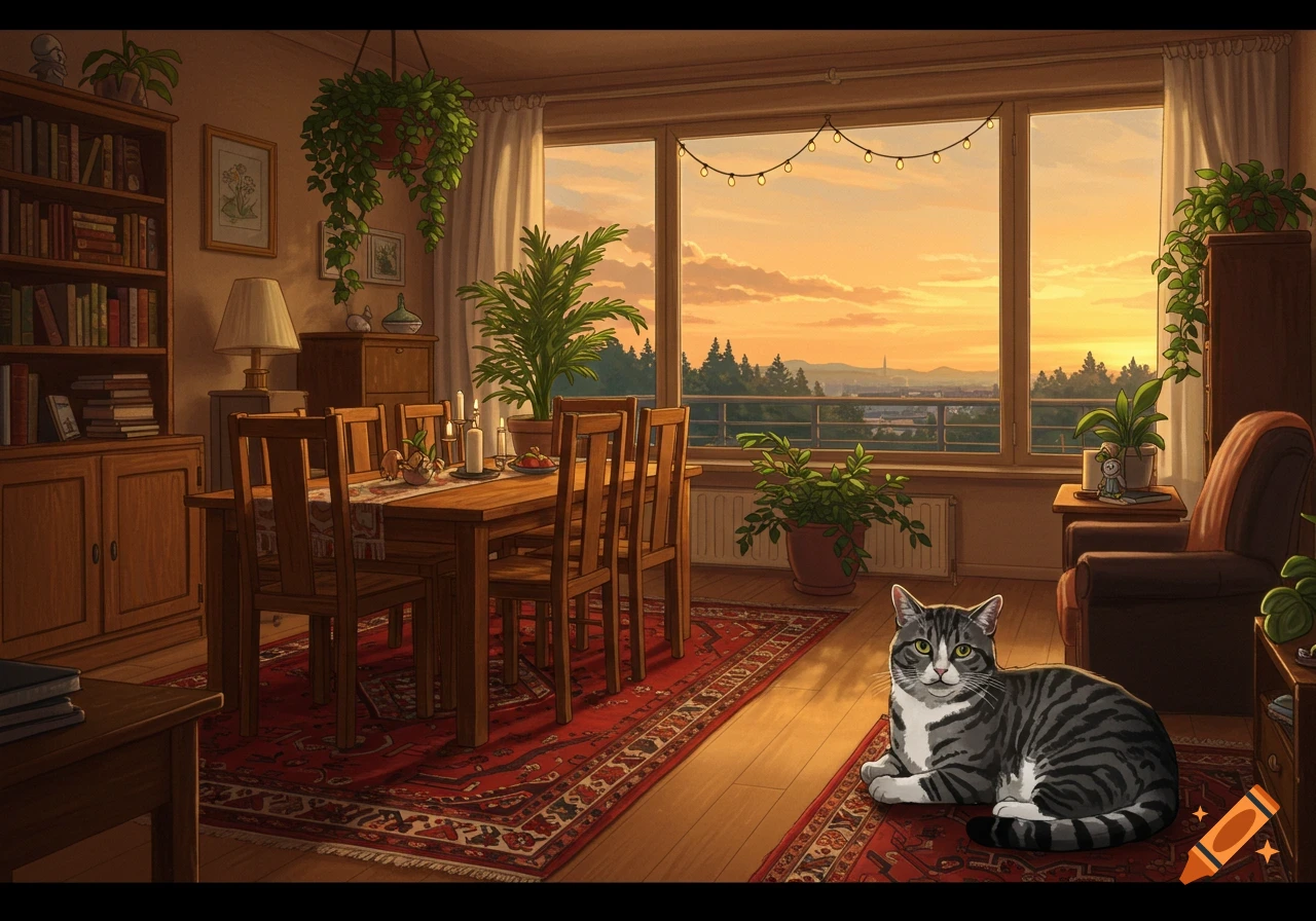 An illustrated tabby cat rests on a red Persian rug in a cozy living room with a dining table, plants, and a large window showing a sunset city view.
