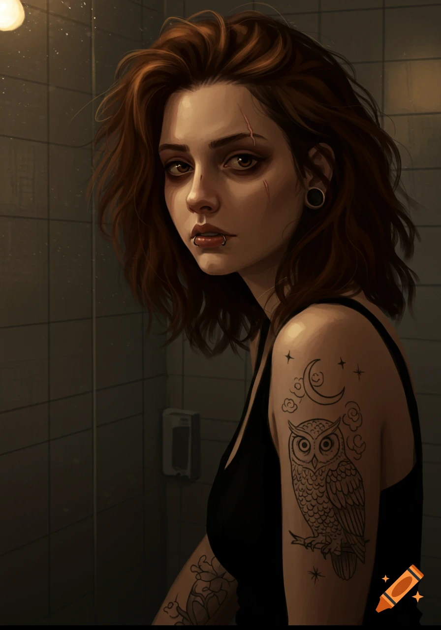 Digital painting of a brown-haired woman with facial scars, a lip ring, and an owl tattoo on her arm, looking out from a dark bathroom.