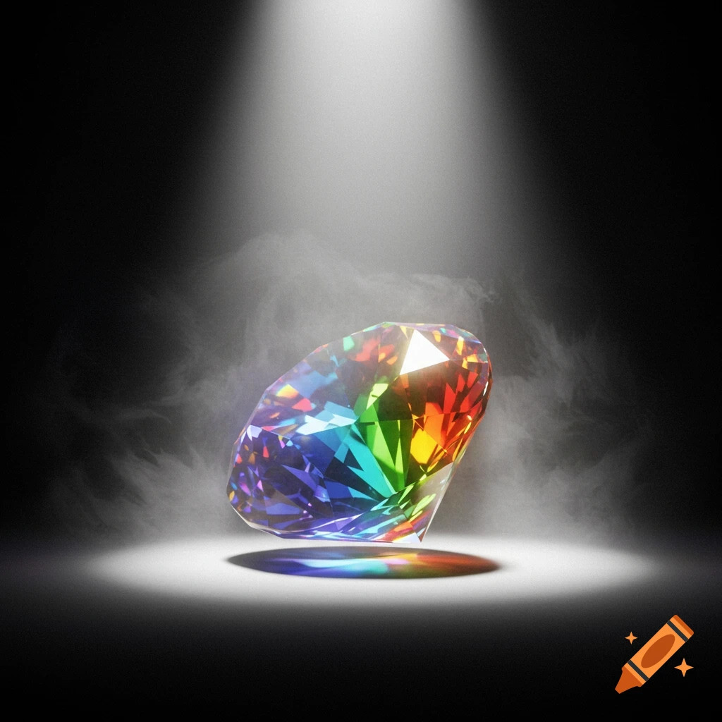 A vibrant, rainbow-colored gemstone sparkles under a spotlight amidst a hazy, dark background.