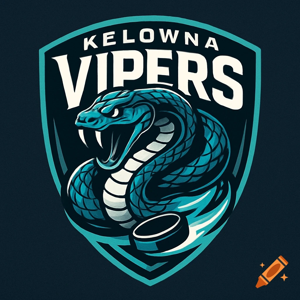 A Kelowna Vipers hockey logo with a teal and white coiled viper, exposed fangs, and a hockey puck on a dark shield.