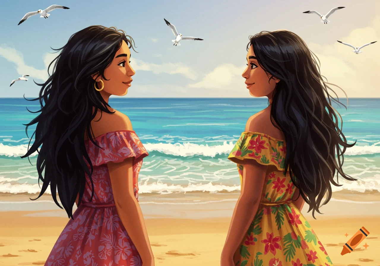 Two dark-haired women in floral dresses stand on a beach, facing each other with the ocean behind them as seagulls fly overhead, in a vibrant illustration style.