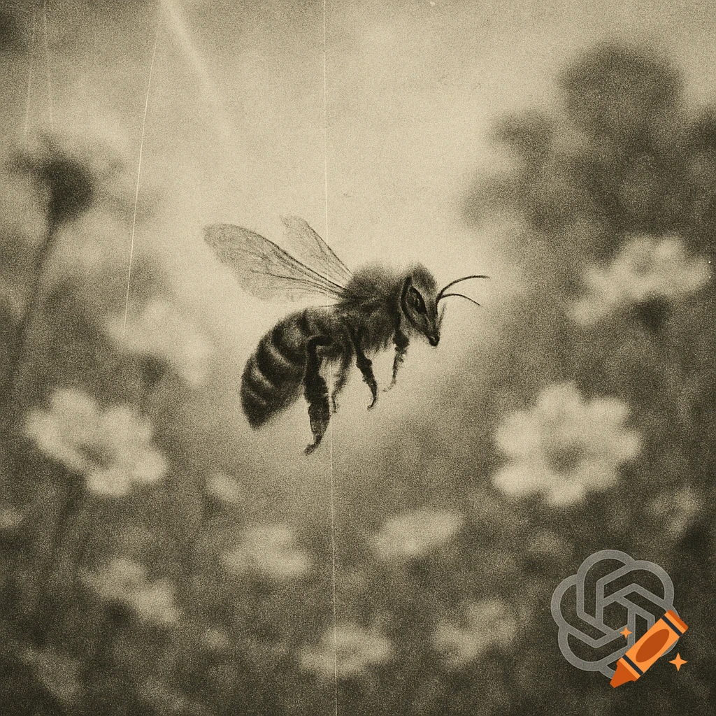 A sepia-toned, grainy close-up of a bee in flight against a blurred background of flowers.