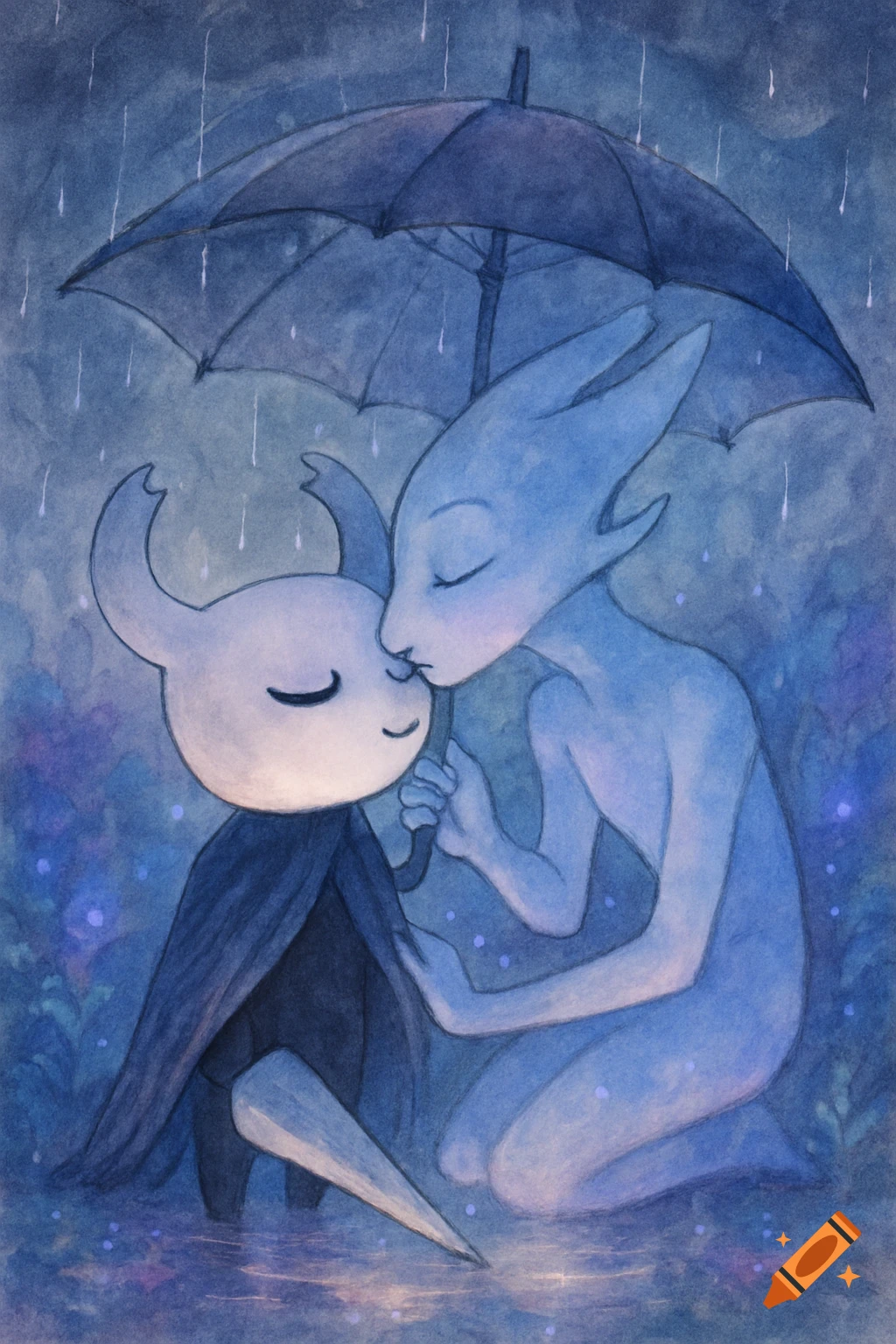 A watercolor illustration of a blue humanoid creature kissing a small white horned creature on the forehead under an umbrella in the rain.