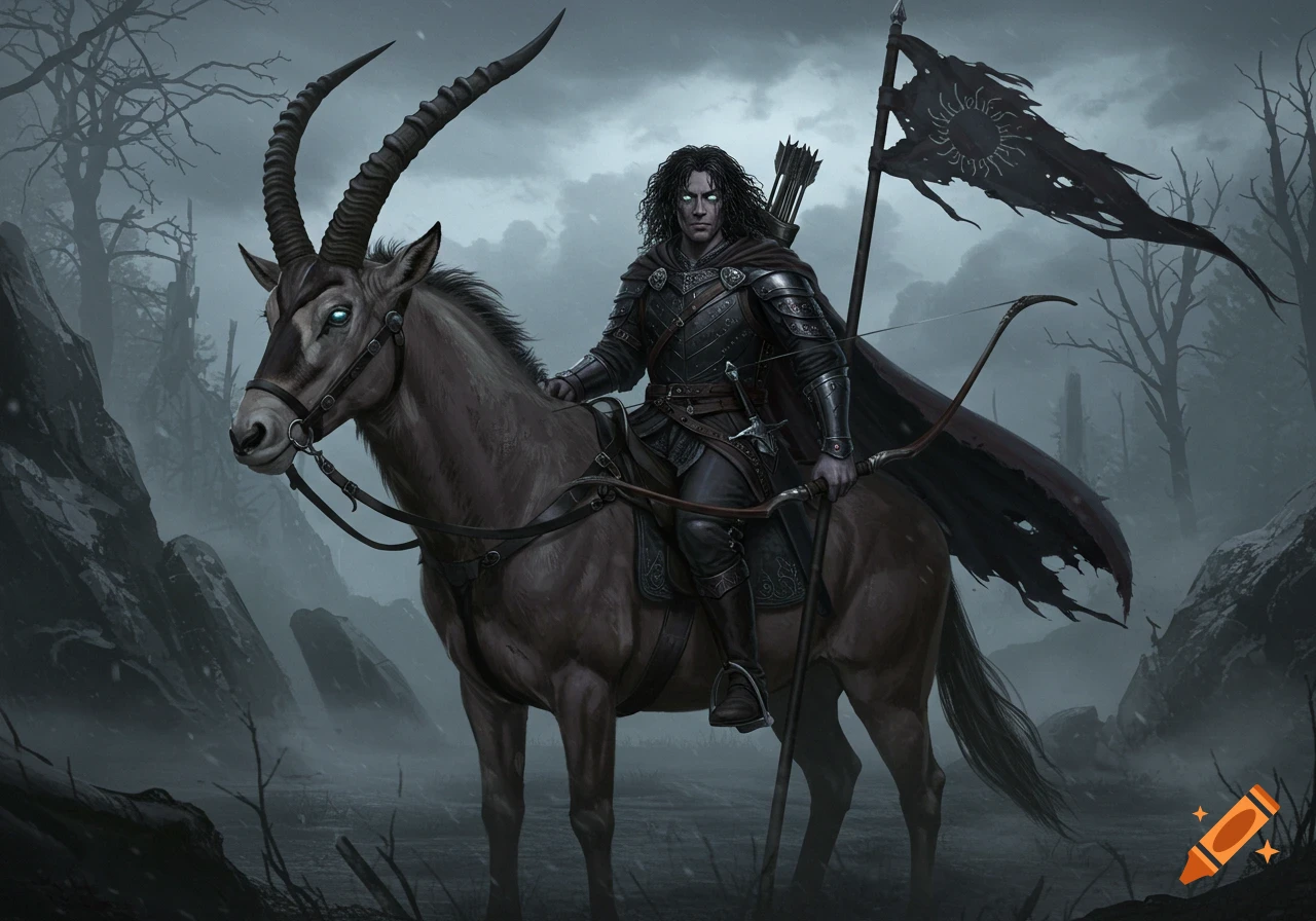A dark fantasy commander with glowing eyes, armored and caped, rides a horned antilope through a misty, desolate forest, holding a bow and banner.