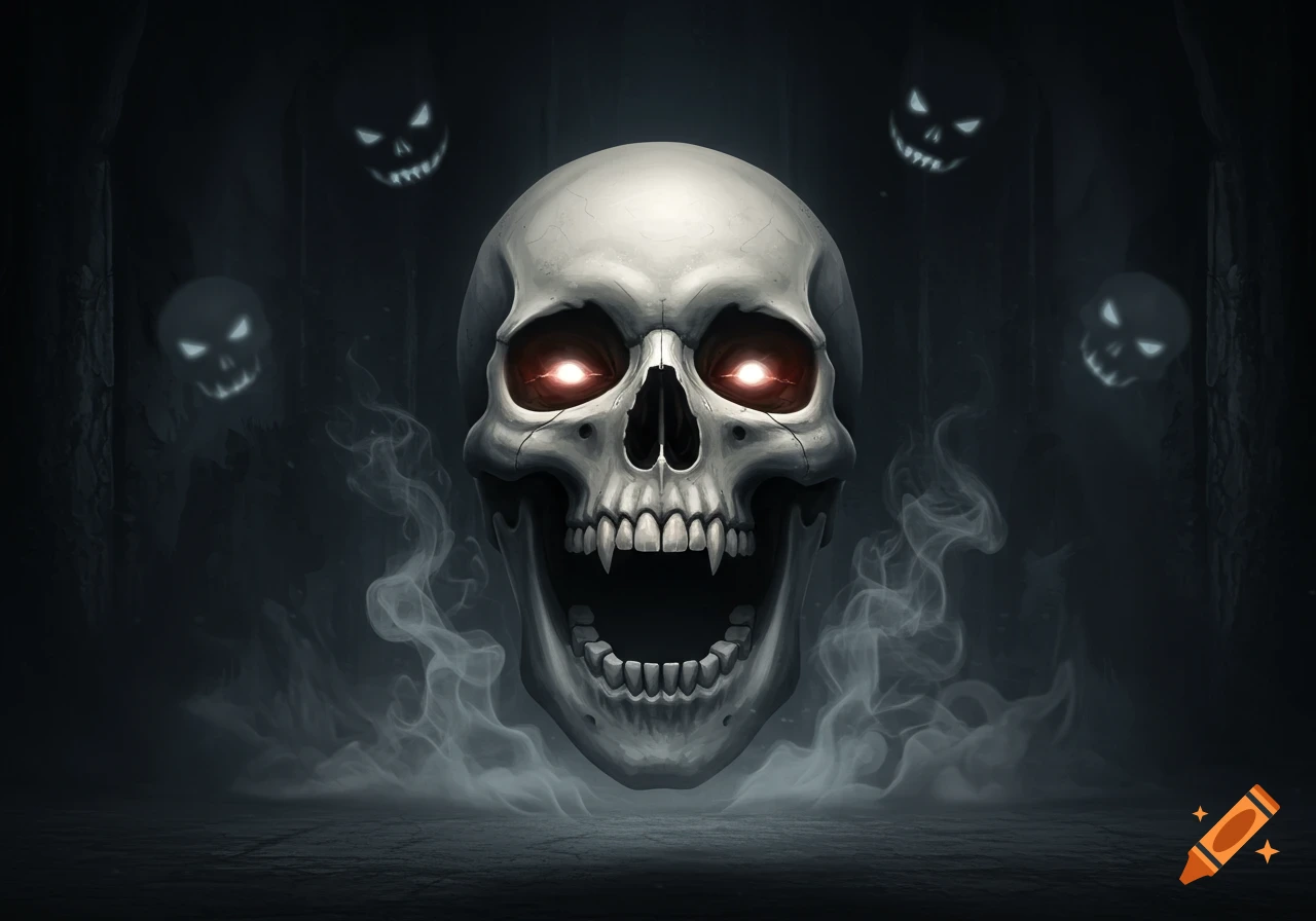 Stylized skull with glowing red eyes and fangs laughs amidst smoke, with ghostly faces in the dark background.