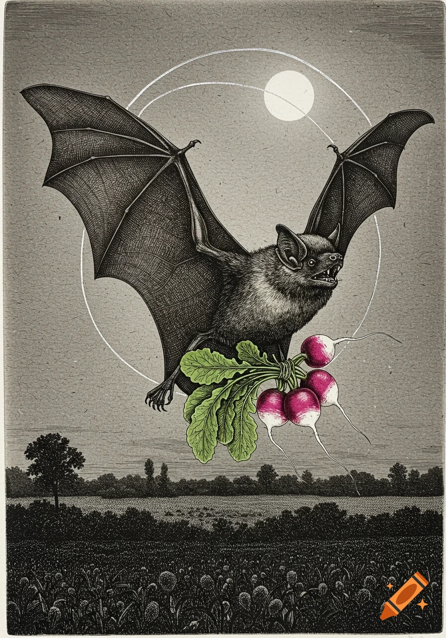 A bat with spread wings flies through the night sky, carrying a bunch of radishes over a dark field, in an etching style.