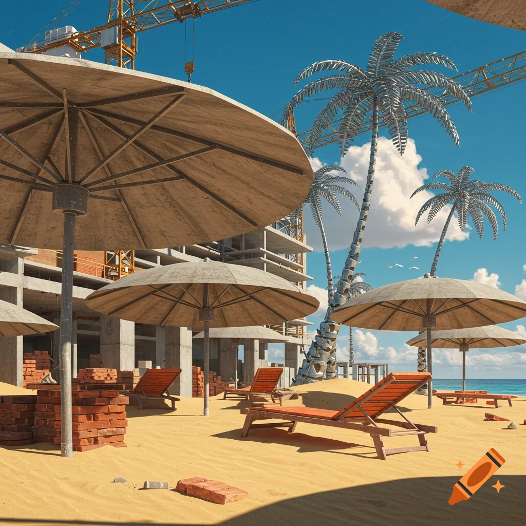 A surreal beach scene with concrete umbrellas, brick piles, and orange lounge chairs on sand. Steel palm trees and construction cranes rise behind concrete buildings under a blue sky.