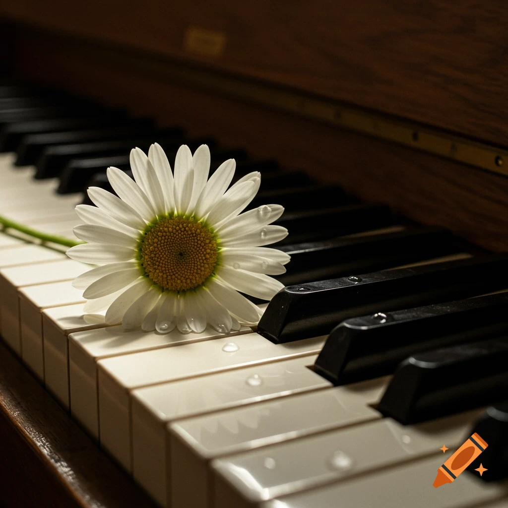 A photorealistic close-up of a white daisy with water droplets resting on white piano keys.