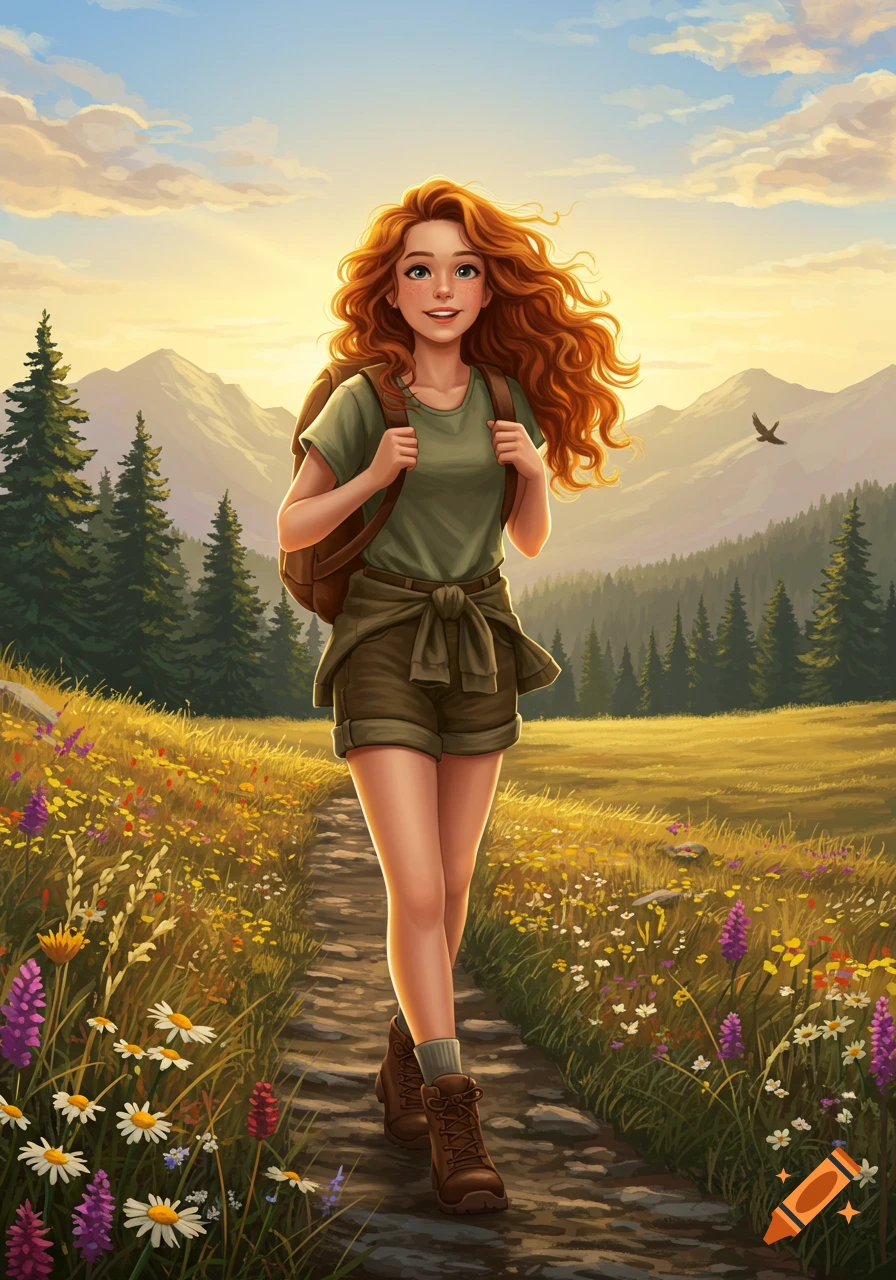An illustration of a red-haired teenage girl with a backpack hiking on a mountain path filled with wildflowers at sunset.