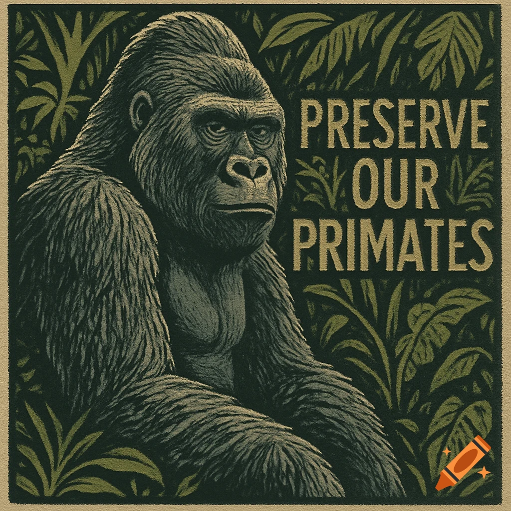 Stylized riso print of a gorilla in a jungle with 'PRESERVE OUR PRIMATES' text.