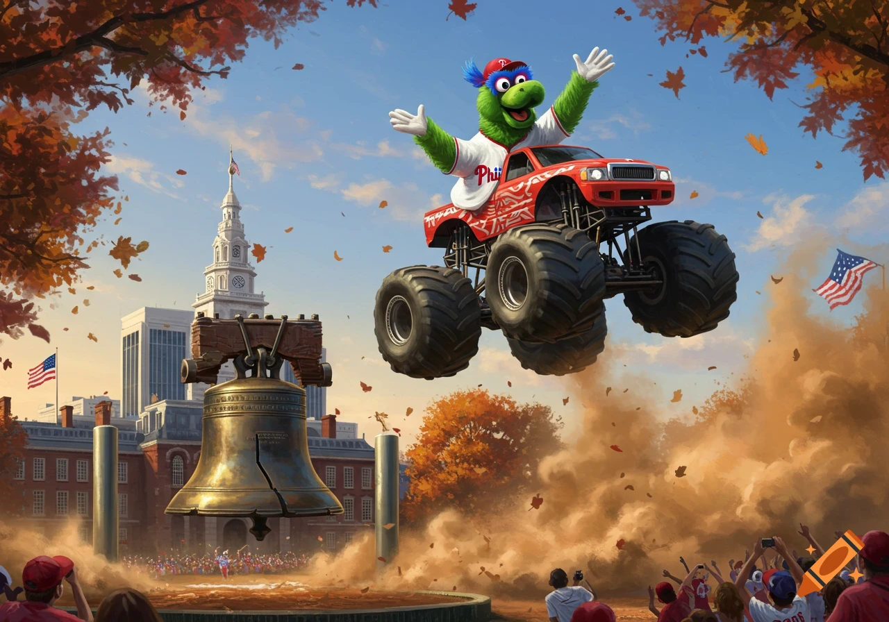 The Phillie Phanatic in a red monster truck jumps over the Liberty Bell with Independence Hall in the background, autumn leaves falling, and a cheering crowd.