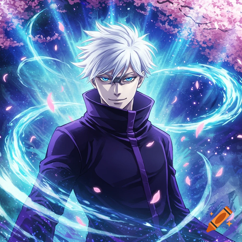 An anime man with white hair, blue eyes, and a dark purple jacket, surrounded by glowing blue energy and falling pink cherry blossoms.