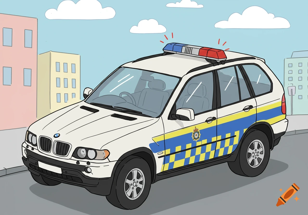 Cartoon style illustration of a white UK police BMW X5 SUV with blue and yellow markings on a city street.