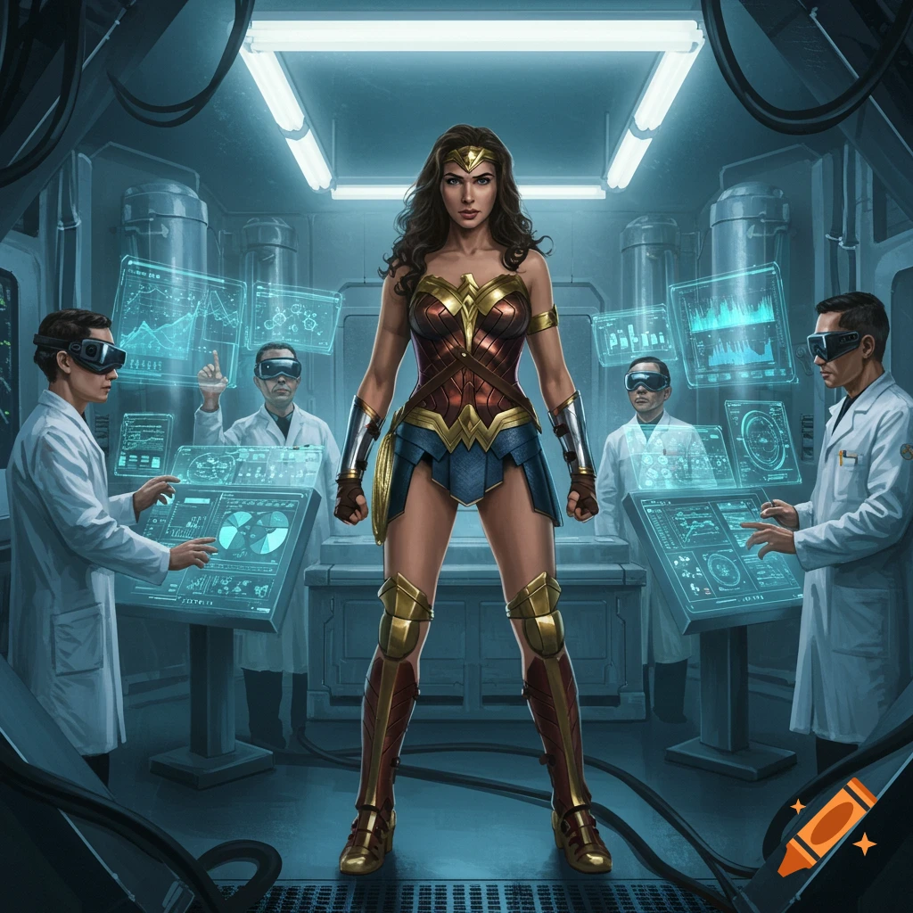 Wonder Woman stands centered in a futuristic science lab, surrounded by scientists in lab coats and VR goggles interacting with holographic data screens. Comic art style.