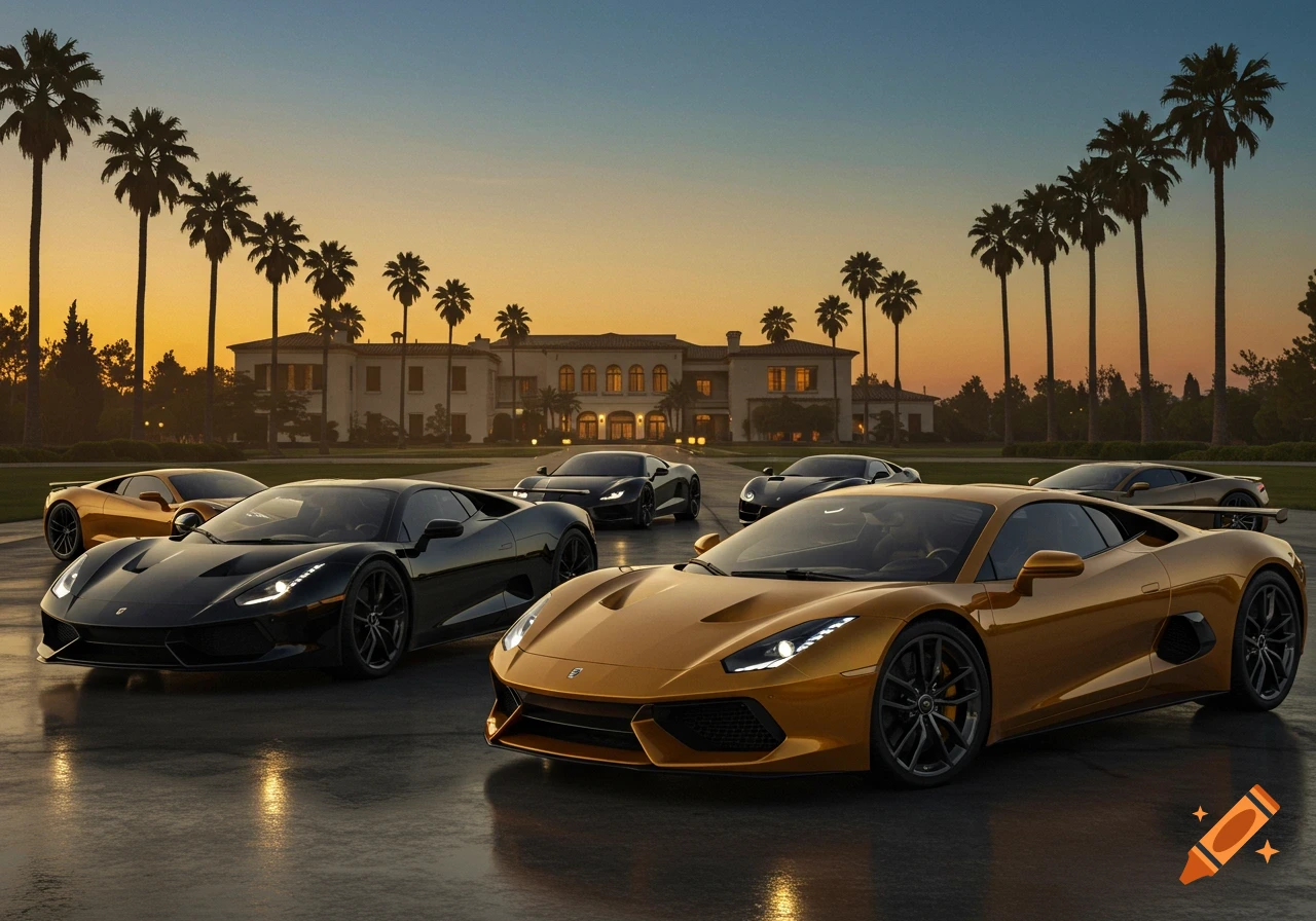 Several luxury sports cars parked on wet pavement in front of a grand mansion with palm trees at sunset.