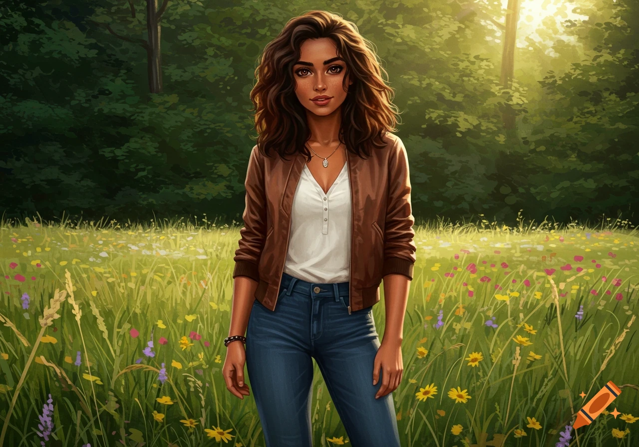 Digital painting of a young woman with dark wavy hair, wearing a brown jacket and jeans, standing in a sunlit wildflower meadow.