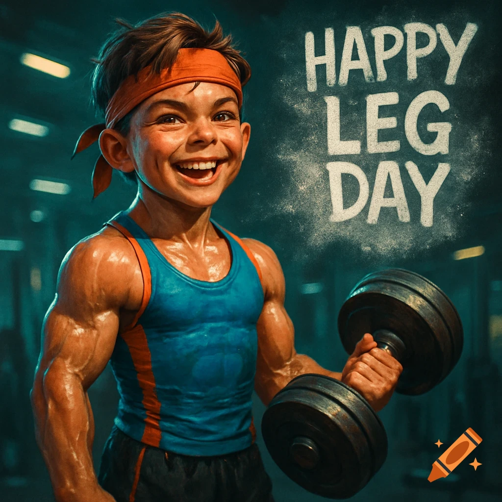 A smiling, muscular boy wearing a blue tank top and orange headband holds a dumbbell in a gym with 'HAPPY LEG DAY' text.