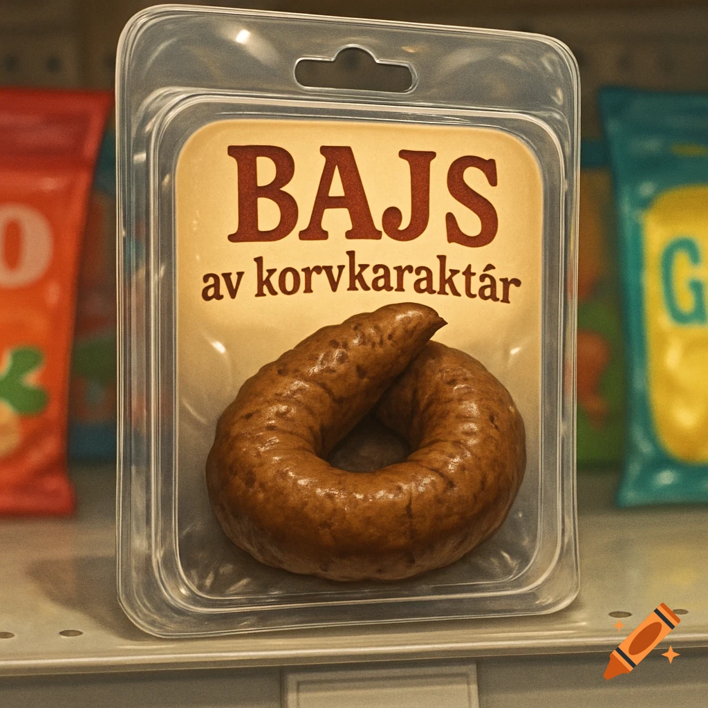 A photorealistic close-up of a clear plastic package on a store shelf, containing a coiled brown object resembling feces. The label reads "BAJS av korvkaraktär".