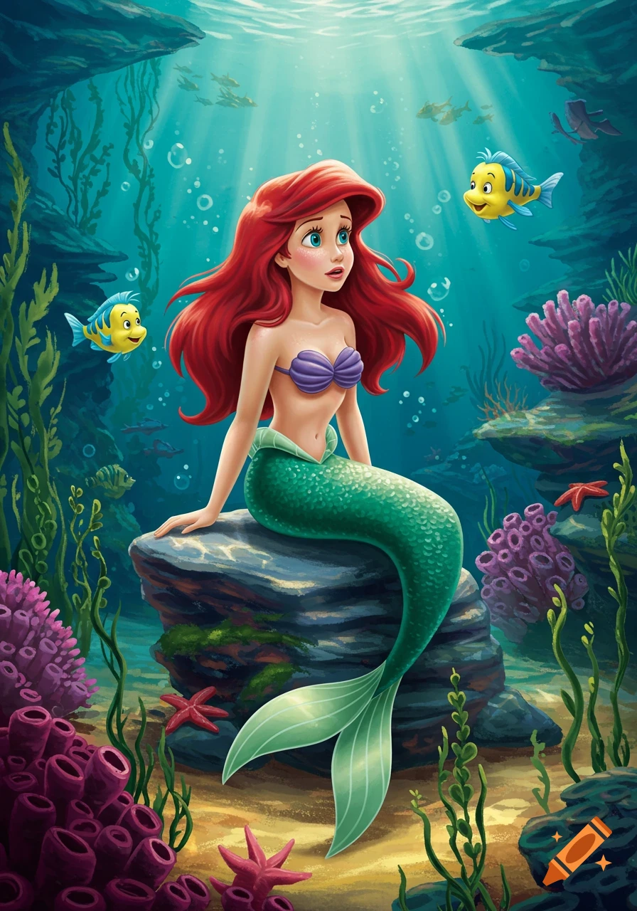 Cartoon Ariel the Little Mermaid with red hair and green tail sits on a rock underwater with Flounder and other fish among coral.