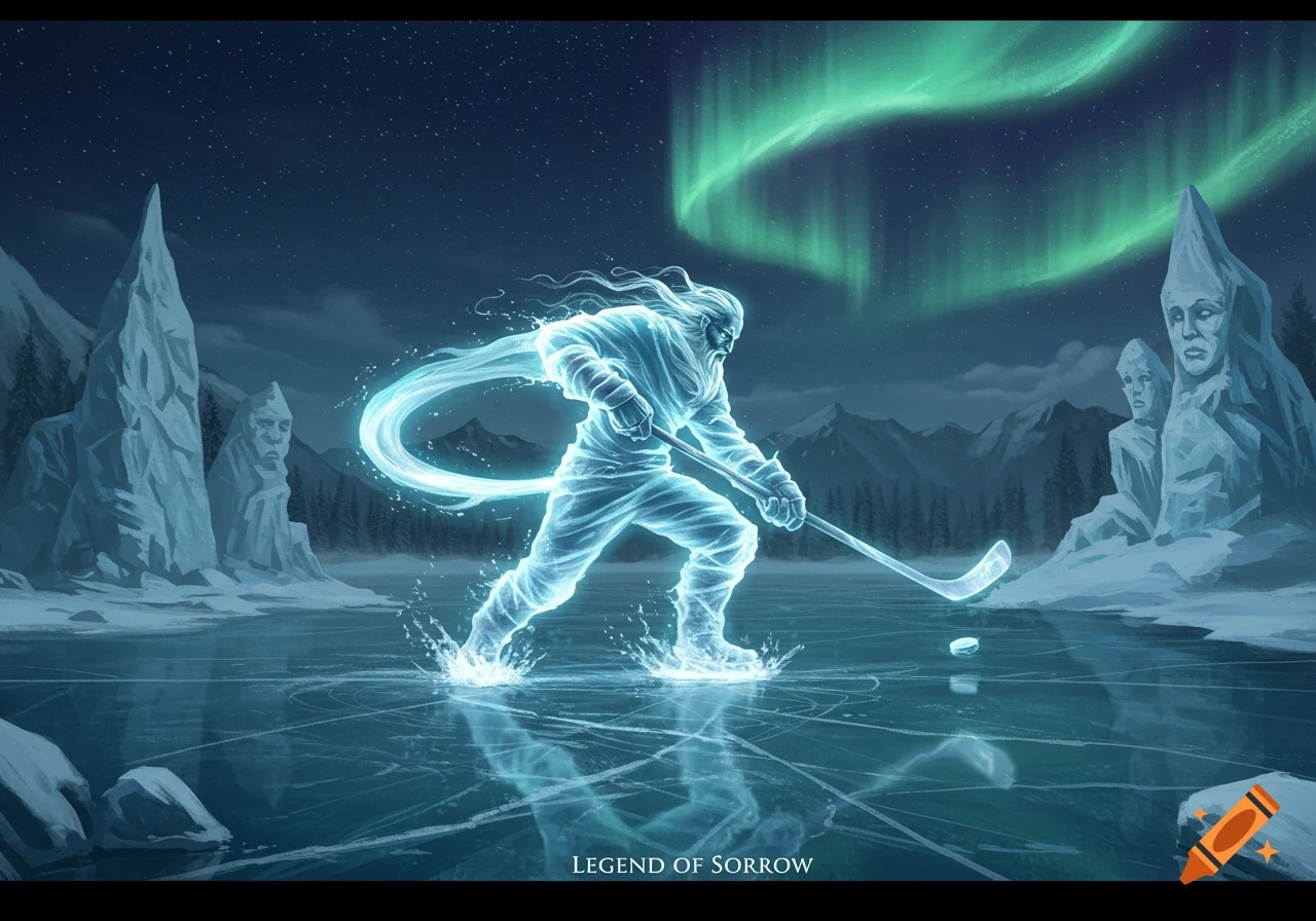 Ethereal figure playing hockey on a frozen lake beneath green aurora and starry sky, with ice sculptures and text 'LEGEND OF SORROW'.
