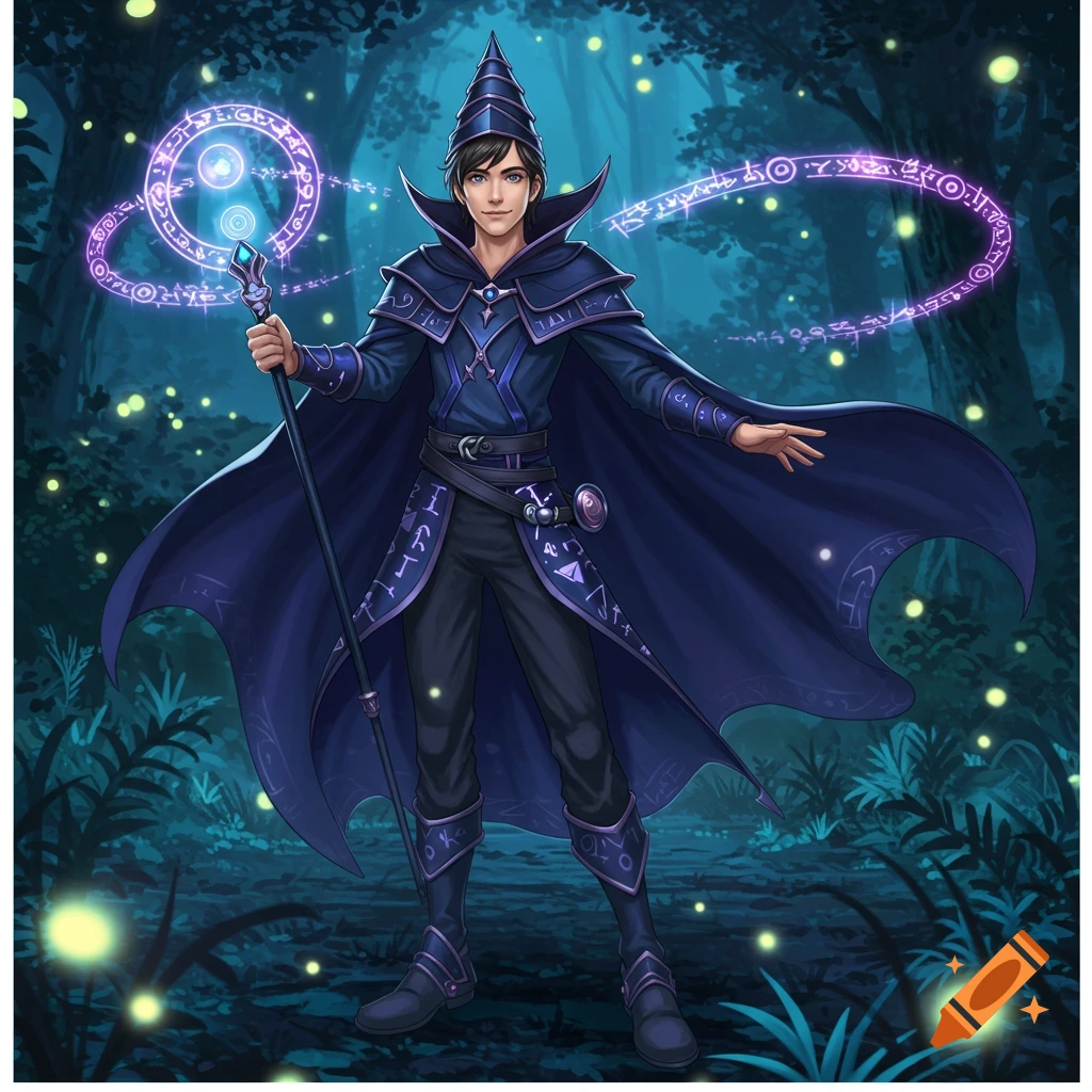 A teenage boy dressed in a dark blue wizard's outfit with a pointed hat and cape, holding a glowing magical staff, stands in a mystical forest with fireflies.