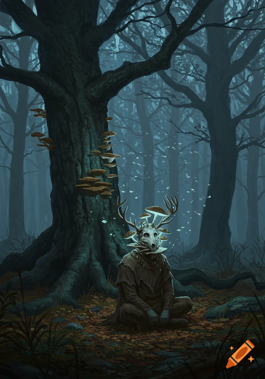 A robed figure with a deer skull and mushroom antlers sits cross-legged in a dark, misty forest before a large oak tree.