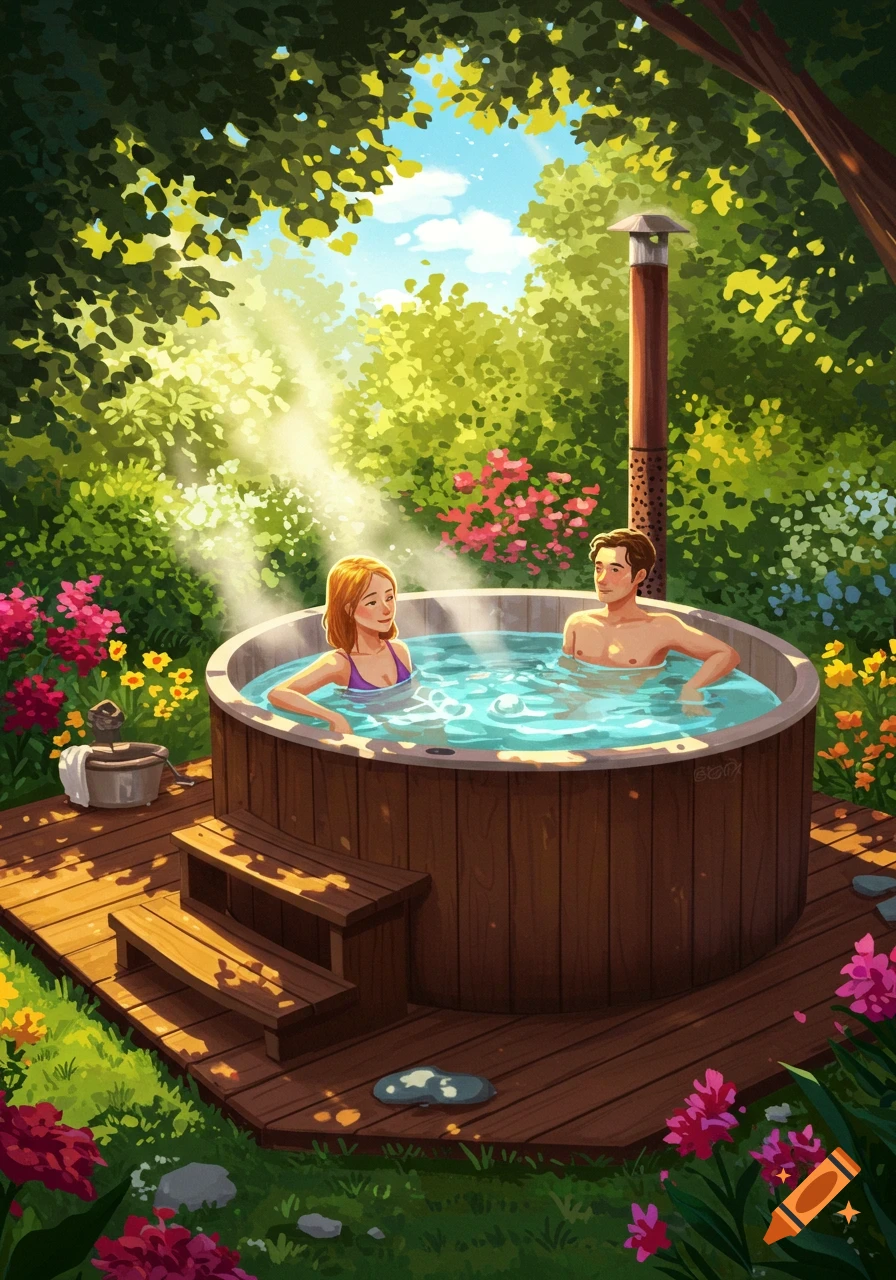 An illustrated scene of a man and woman relaxing in an outdoor hot tub surrounded by vibrant green trees and colorful flowers on a sunny day.