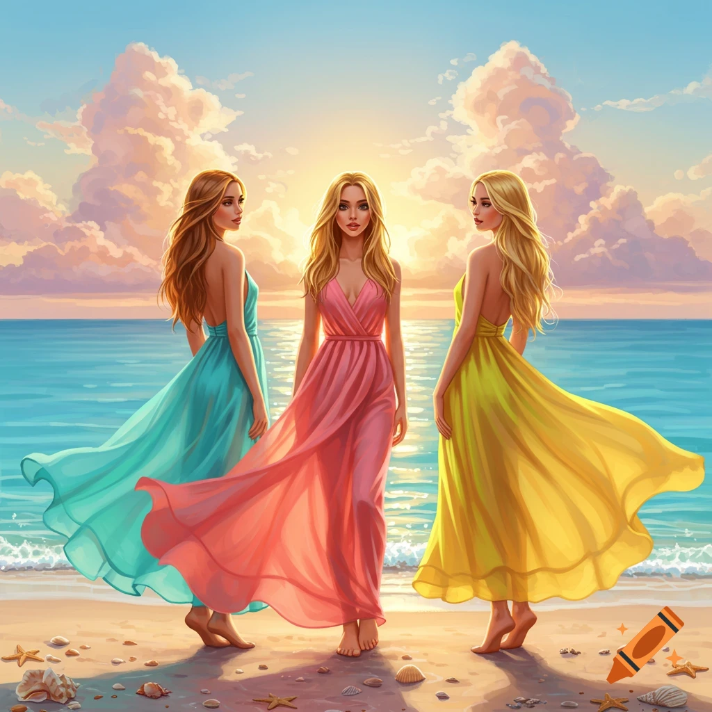 Three women in colorful flowing dresses stand on a beach at sunset, with seashells scattered on the sand.