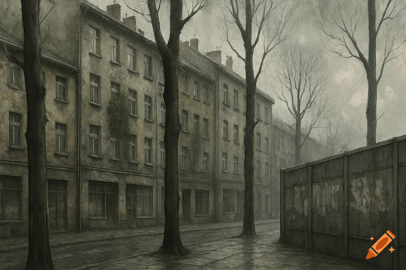 A gloomy street in a European suburb with dilapidated five-story buildings, bare trees, and a weathered fence under a gray sky, in a painterly style.