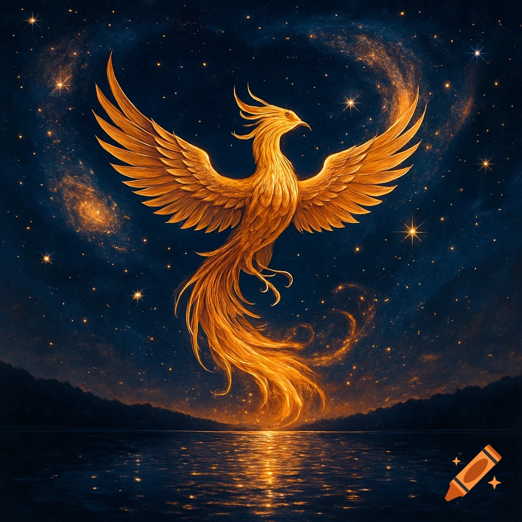 A majestic golden phoenix with outstretched wings soars against a dark starry night sky above a reflective lake, casting a fiery glow.