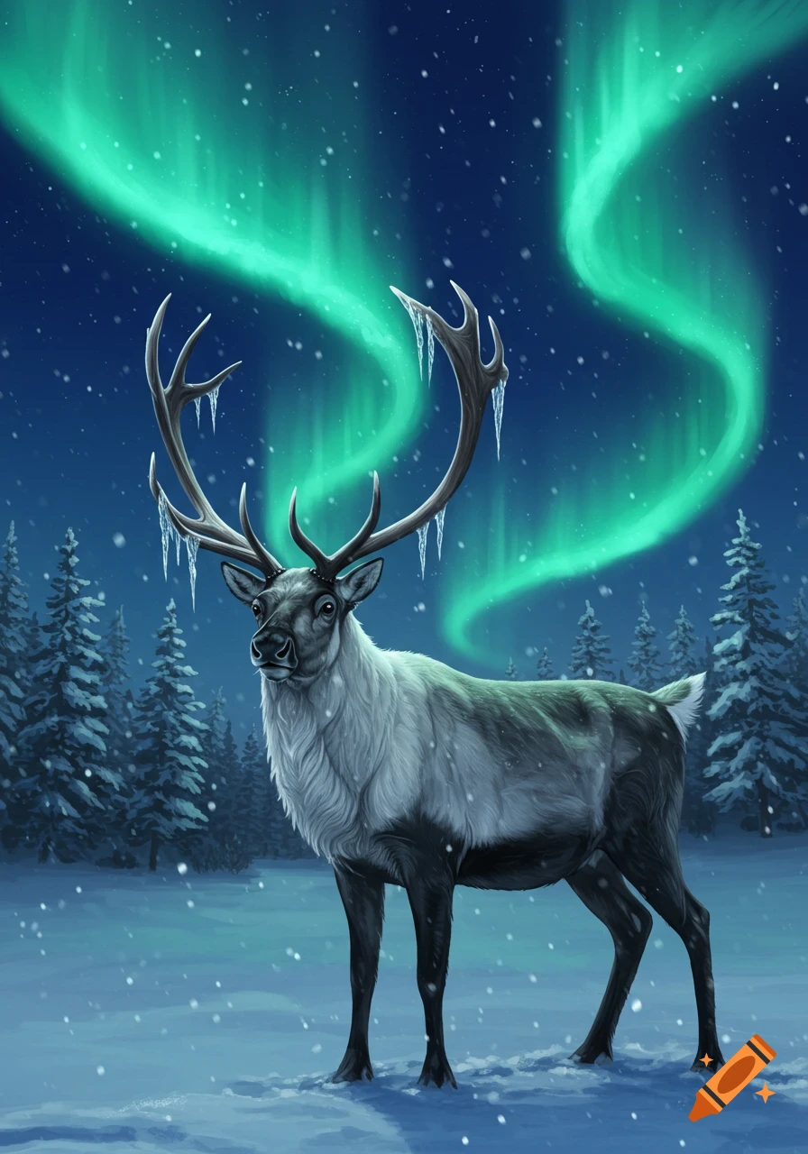 Illustration of a majestic reindeer with ice-covered antlers standing in a snowy forest under vibrant green aurora borealis.
