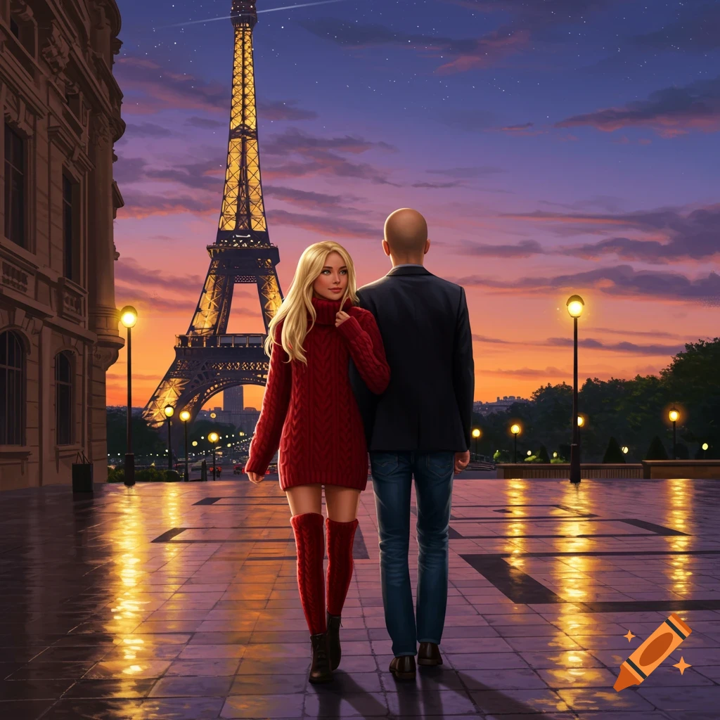 A blonde woman in a red knitted dress and a bald man walk past the illuminated Eiffel Tower at dusk.