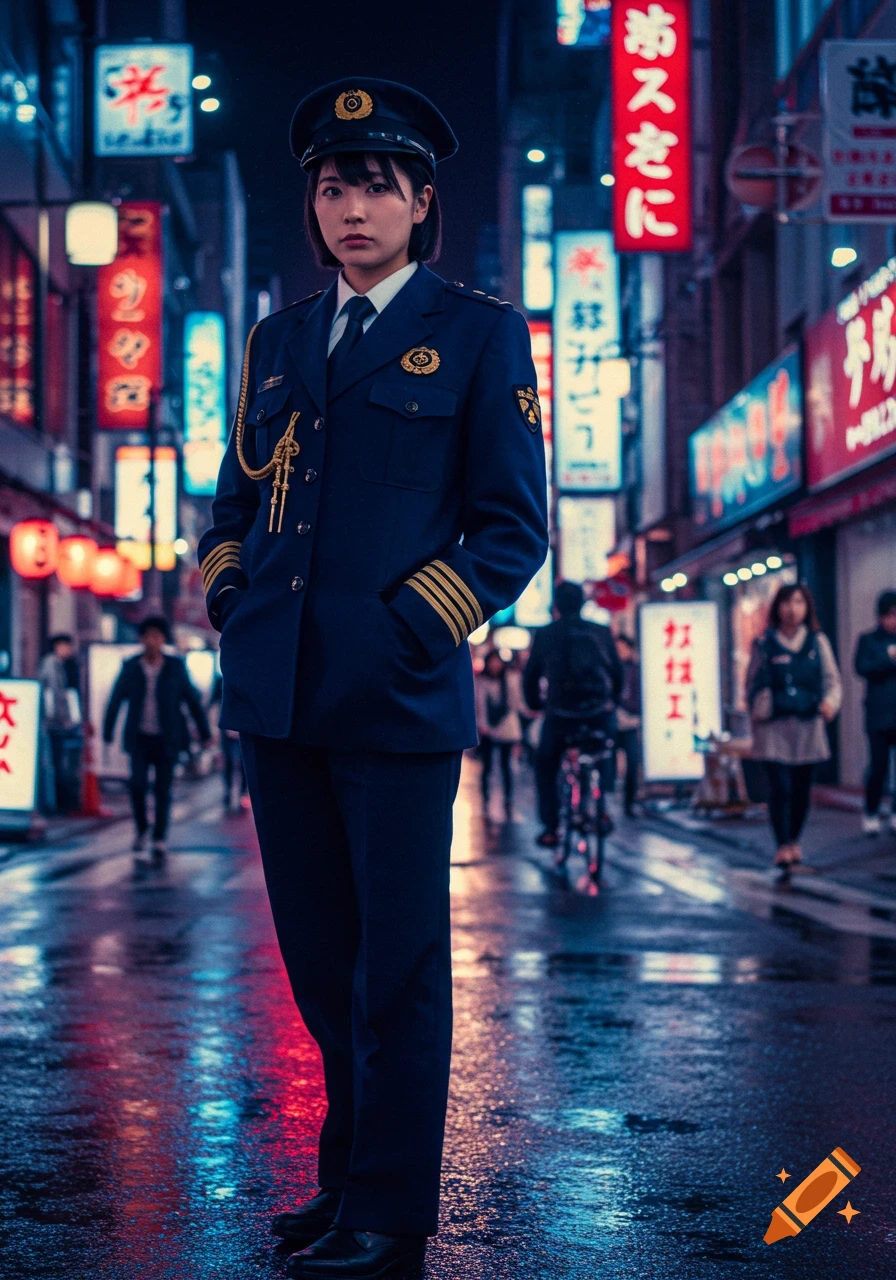 Photorealistic portrait of a Japanese female police officer standing on a wet city street at night with neon signs.