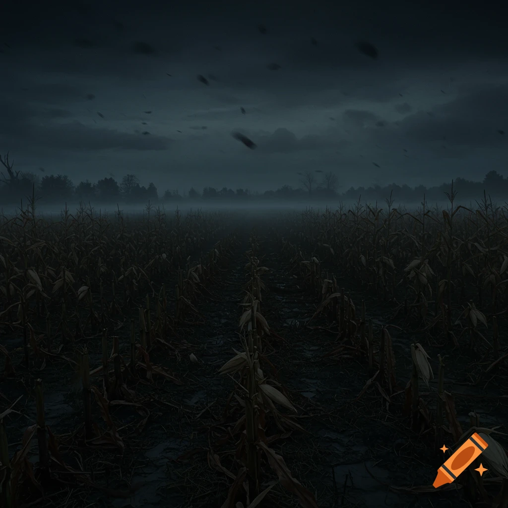 A dark and desolate dry corn field at night under a cloudy, misty sky, with debris in the air.