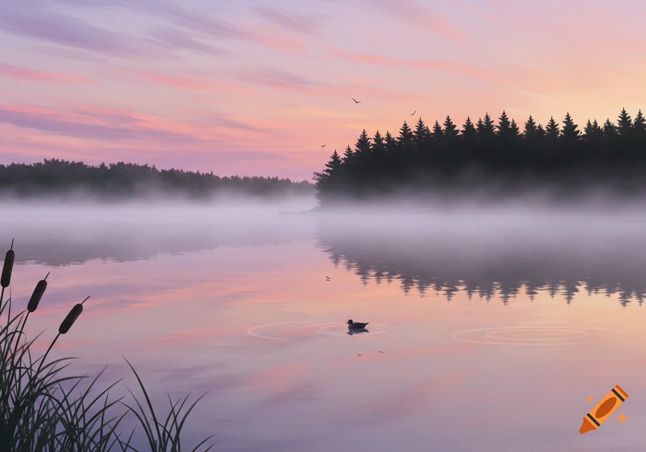Serene landscape of a misty lake at sunrise with pink and purple sky, silhouetted forest, a duck, and cattails.