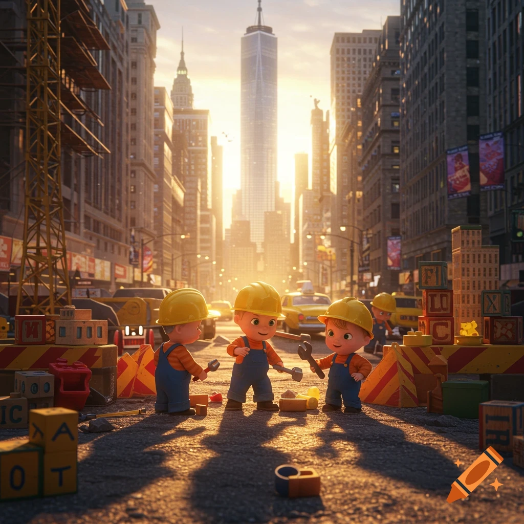 Cartoon toddlers in hard hats and overalls play with building blocks on a sunny New York City street with skyscrapers.