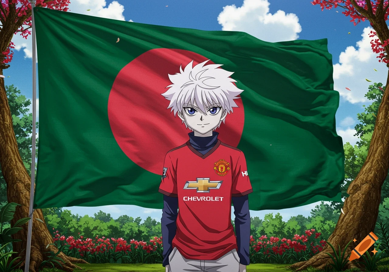 Anime character Killua Zoldyck wears a red Manchester United jersey in front of a large green Bangladesh flag, with trees and flowers in the background.