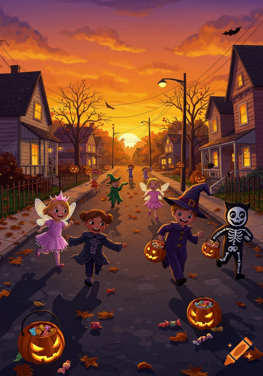 Children in Halloween costumes trick-or-treating on a suburban street at sunset, in a vibrant cartoon illustration.